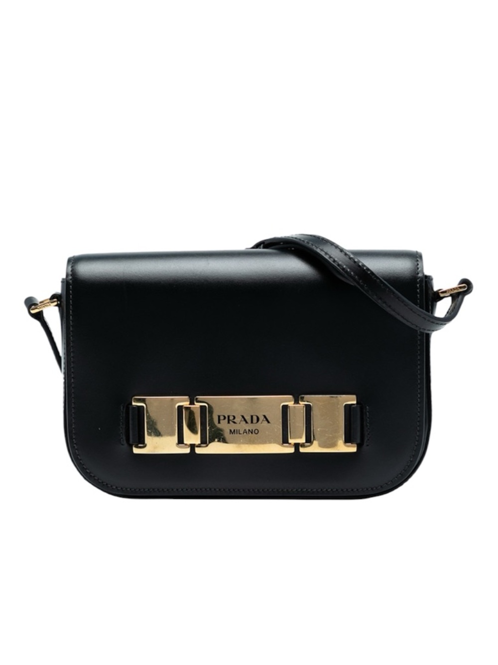 Prada City Calf Leather Black Crossbody Flap Bag Black Gold